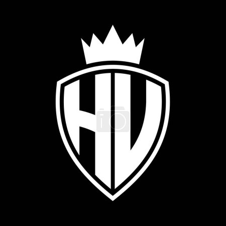 HU Letter bold monogram with shield and crown outline shape with black and white color design template