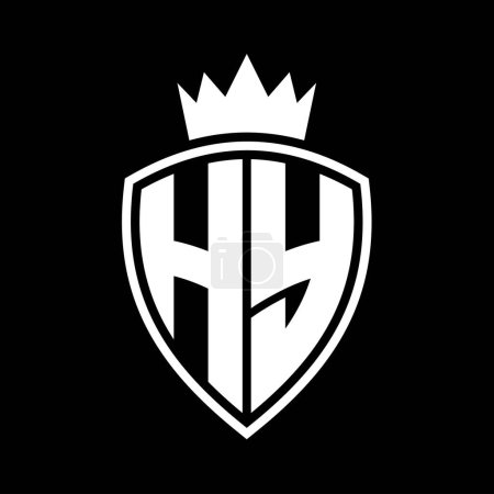 Monograma en negrita HY Letter con forma de escudo y contorno de corona con plantilla de diseño de color blanco y negro
