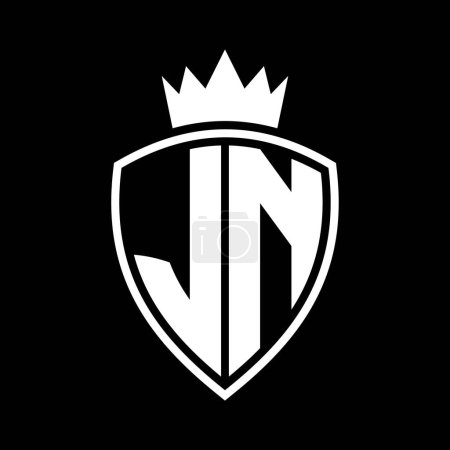 JN Carta monograma en negrita con forma de escudo y contorno de corona con plantilla de diseño de color blanco y negro