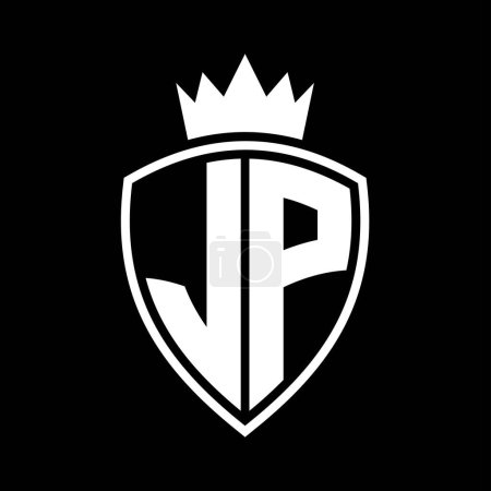 JP Letter bold monogram with shield and crown outline shape with black and white color design template