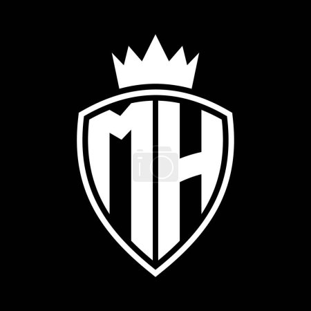 MH Letter bold monogram with shield and crown outline shape with black and white color design template