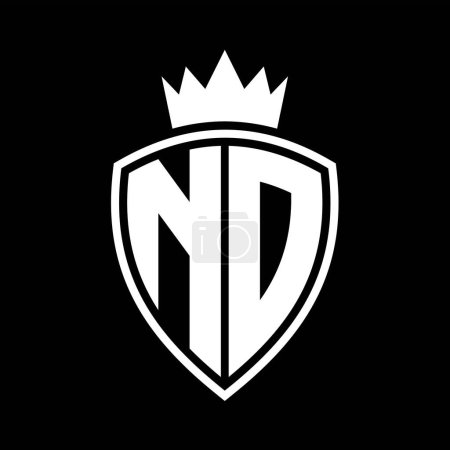 ND Carta en negrita monograma con escudo y forma de contorno de corona con plantilla de diseño de color blanco y negro