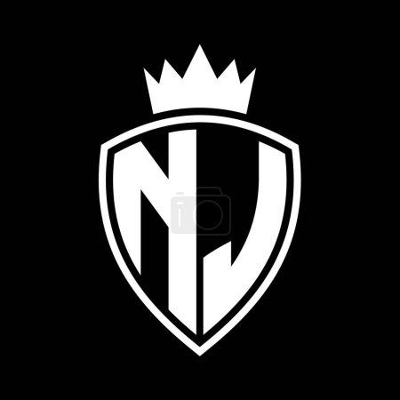 NJ Carta en negrita monograma con escudo y forma de contorno de corona con plantilla de diseño de color blanco y negro