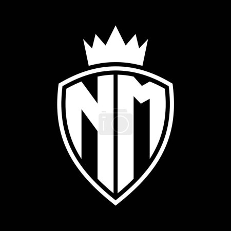 NM Carta en negrita monograma con escudo y forma de contorno de corona con plantilla de diseño de color blanco y negro