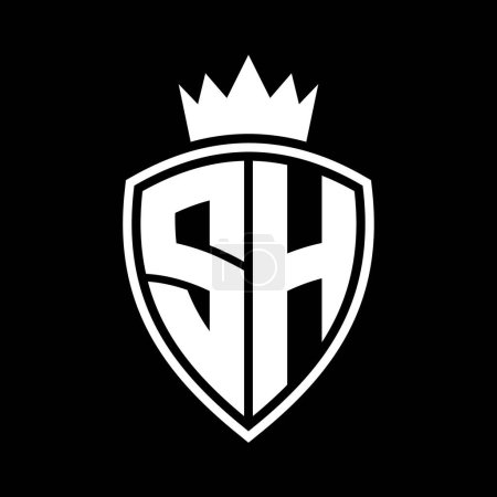SH Carta monograma en negrita con escudo y forma de contorno de corona con plantilla de diseño de color blanco y negro