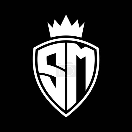 SM Carta monograma en negrita con forma de escudo y contorno de corona con plantilla de diseño de color blanco y negro