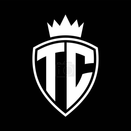 TC Letter bold monogram with shield and crown outline shape with black and white color design template