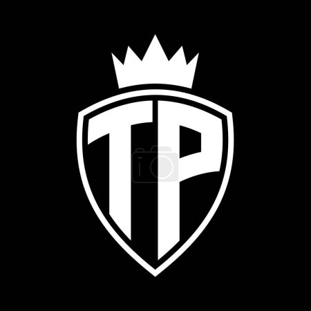 TP Letter fett Monogramm mit Schild und Krone Umrissform mit schwarz-weißer Farbdesign-Vorlage
