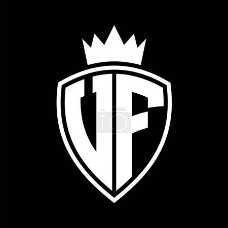 VF Letter bold monogram with shield and crown outline shape with black and white color design template
