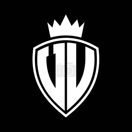 VU Letter bold monogram with shield and crown outline shape with black and white color design template