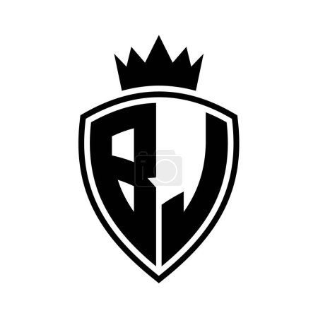 BJ Letter bold monogram with shield and crown outline shape with black and white color design template