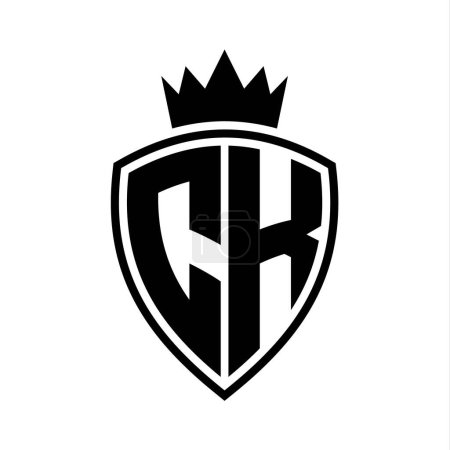 CK Letter bold monogram with shield and crown outline shape with black and white color design template