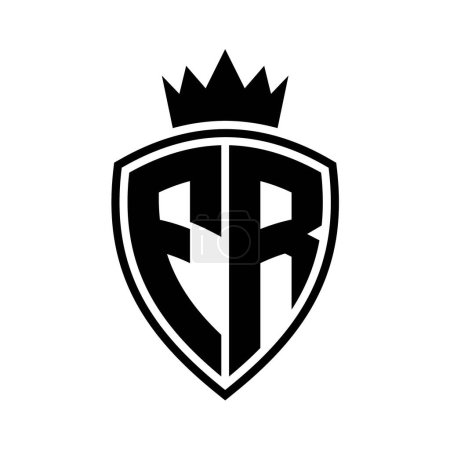 FR Buchstabe fett Monogramm mit Schild und Krone Umrissform mit schwarz-weißer Farbdesign-Vorlage