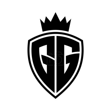 GG Letter bold monogram with shield and crown outline shape with black and white color design template