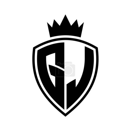 GJ Letter bold monogram with shield and crown outline shape with black and white color design template