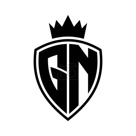 Monogramme gras lettre GN avec bouclier et forme de contour de la couronne avec modèle de conception de couleur noir et blanc