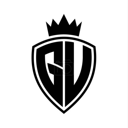 GU Letter bold monogram with shield and crown outline shape with black and white color design template