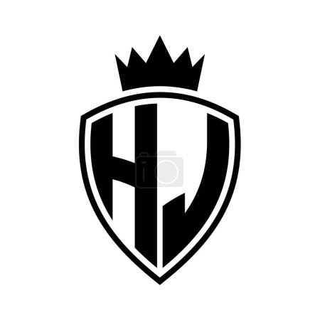 HJ Letter bold monogram with shield and crown outline shape with black and white color design template