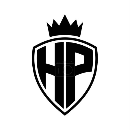 HP Letter fettes Monogramm mit Schild und Krone Umrissform mit schwarz-weißer Farbdesign-Vorlage