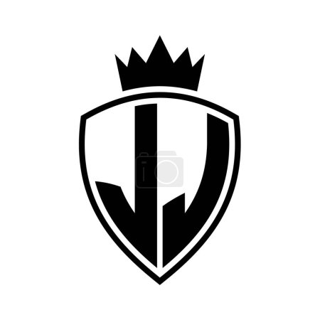 JJ Letter bold monogram with shield and crown outline shape with black and white color design template
