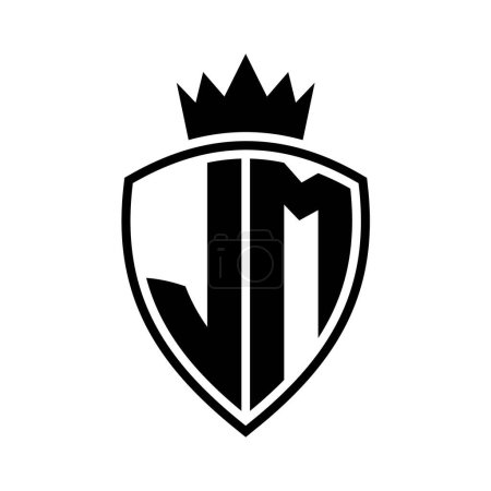 JM Letter bold monogram with shield and crown outline shape with black and white color design template
