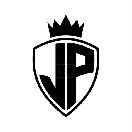 JP Letter bold monogram with shield and crown outline shape with black and white color design template