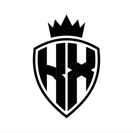 KX Letter fettes Monogramm mit Schild und Krone Umrissform mit schwarz-weißer Farbmustervorlage