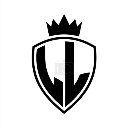 LL Letter bold monogram with shield and crown outline shape with black and white color design template