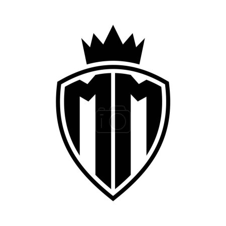 MM Letter bold monogram with shield and crown outline shape with black and white color design template