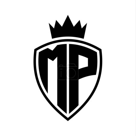 Carta MP monograma en negrita con forma de escudo y contorno de corona con plantilla de diseño de color blanco y negro