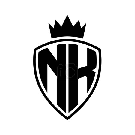 NK Letter bold monogram with shield and crown outline shape with black and white color design template