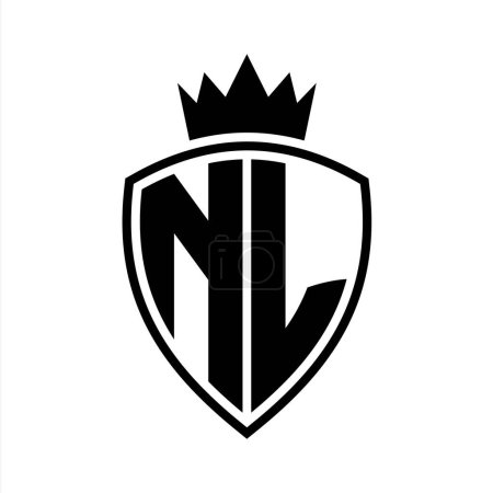 NL Carta monograma en negrita con forma de escudo y contorno de corona con plantilla de diseño de color blanco y negro