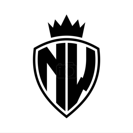 NW Letter bold monogram with shield and crown outline shape with black and white color design template