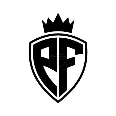 PF Carta monograma en negrita con forma de escudo y contorno de corona con plantilla de diseño de color blanco y negro
