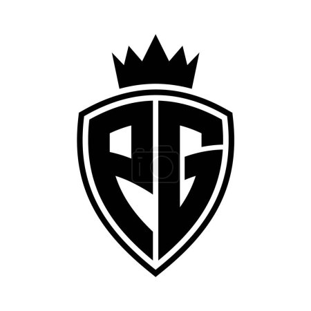 PG Lettre monogramme gras avec bouclier et forme de contour de la couronne avec modèle de conception de couleur noir et blanc