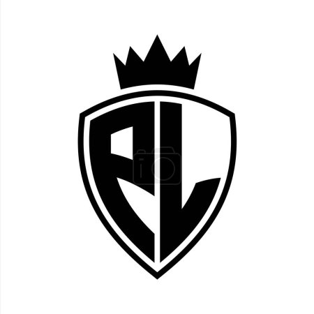 PL Carta monograma en negrita con forma de escudo y contorno de corona con plantilla de diseño de color blanco y negro