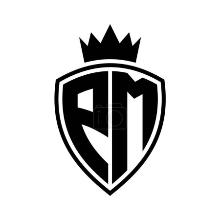 PM Lettre monogramme gras avec bouclier et forme de contour de la couronne avec modèle de conception de couleur noir et blanc