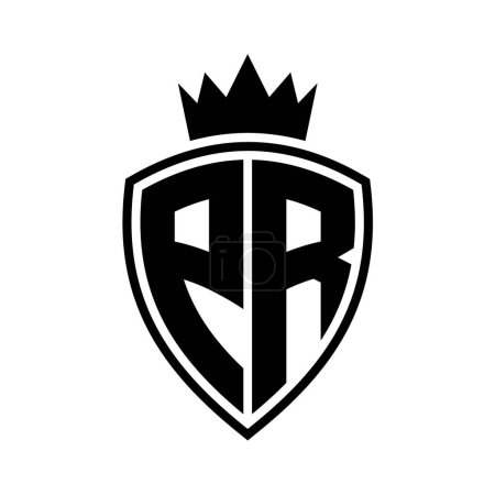 PR Letter fettes Monogramm mit Schild und Krone Umrissform mit schwarz-weißer Farbdesign-Vorlage