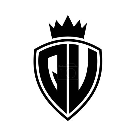 QU Carta en negrita monograma con escudo y forma de contorno de corona con plantilla de diseño de color blanco y negro