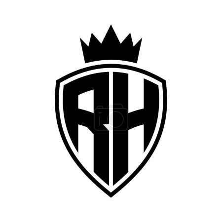 Carta RH Monograma en negrita con escudo y forma de contorno de corona con plantilla de diseño de color blanco y negro