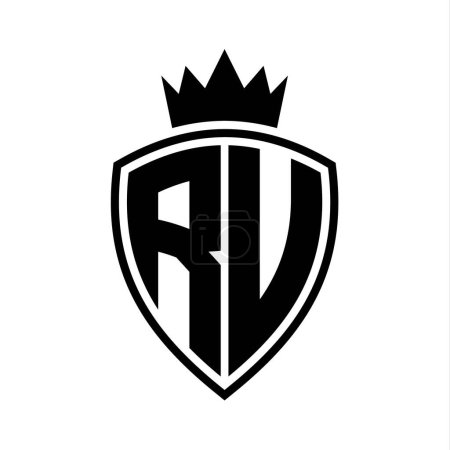 RU Letter fett Monogramm mit Schild und Krone Umrissform mit schwarz-weißer Farbdesign-Vorlage