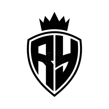 RY Letter fettes Monogramm mit Schild und Krone Umrissform mit schwarz-weißer Farbdesign-Vorlage
