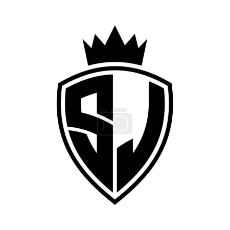 SJ Letter bold monogram with shield and crown outline shape with black and white color design template