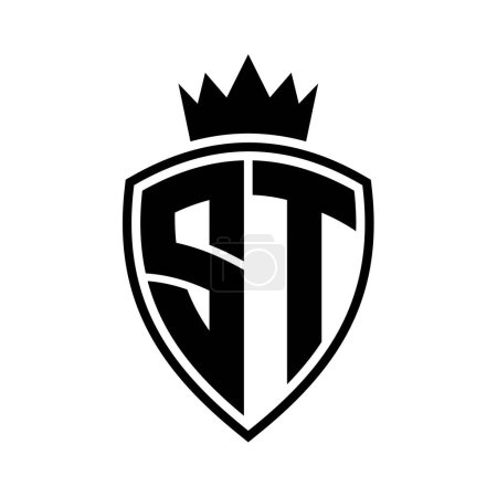 ST Letter bold monogram with shield and crown outline shape with black and white color design template