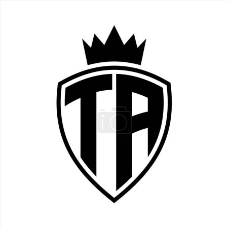 TA Letter fettes Monogramm mit Schild und Krone Umrissform mit schwarz-weißer Farbmustervorlage
