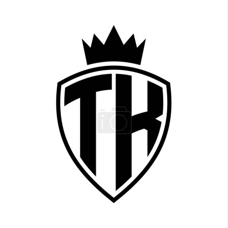 TK Letter bold monogram with shield and crown outline shape with black and white color design template