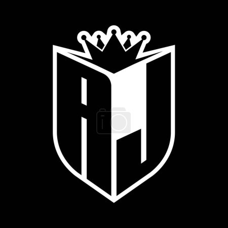 AJ Letter fettes Monogramm mit Schildform und scharfer Krone innerhalb Schild schwarz-weiße Farbdesign-Vorlage