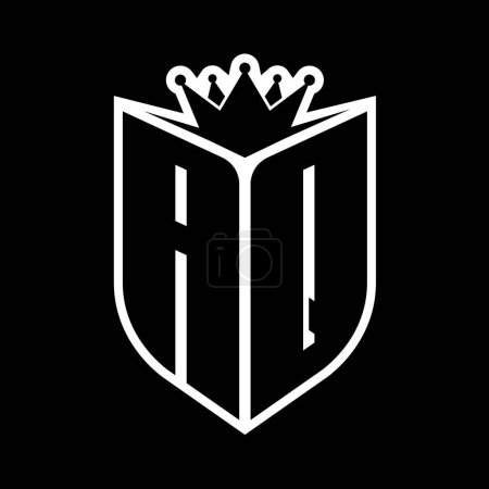 AQ Letter fettes Monogramm mit Schildform und scharfer Krone innerhalb Schild schwarz-weiße Farbdesign-Vorlage