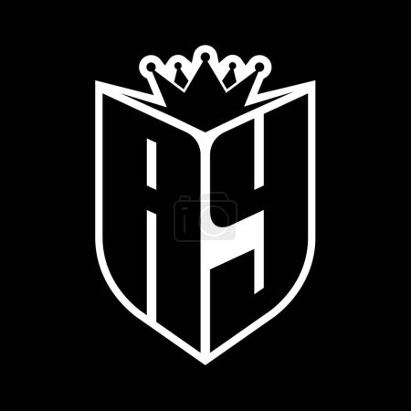 AY Letter fettes Monogramm mit Schildform und scharfer Krone innerhalb Schild schwarz-weiße Farbdesign-Vorlage