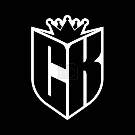 Carta CK en negrita monograma con forma de escudo y corona afilada escudo interior plantilla de diseño de color blanco y negro